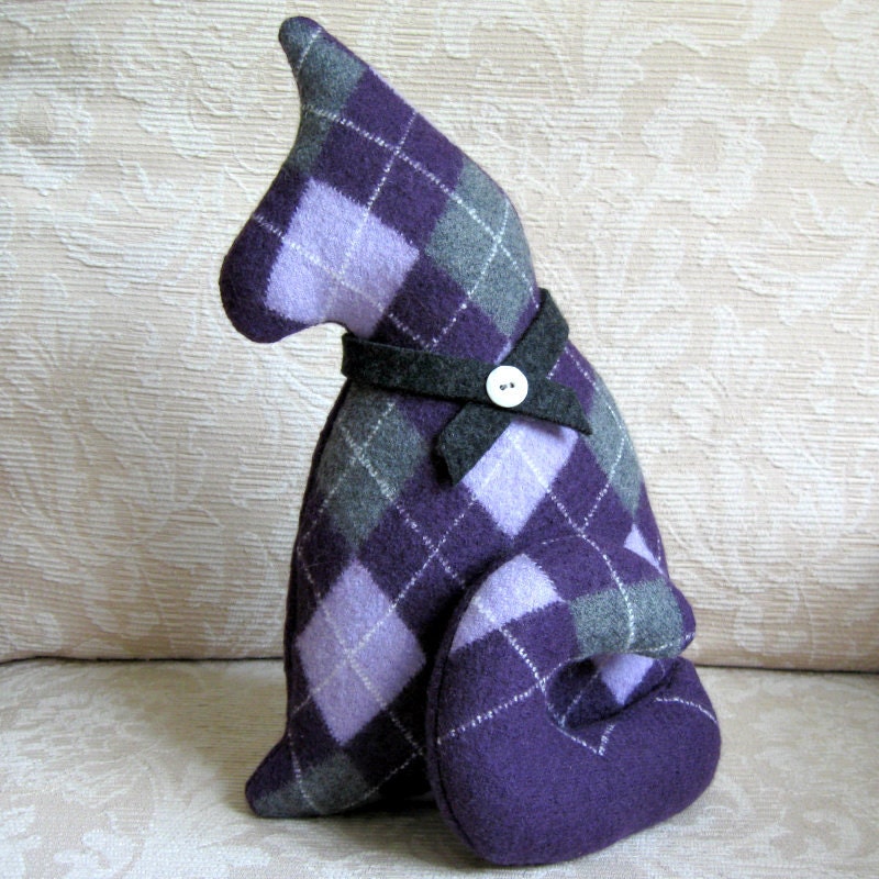 Purple Argyle Plush Cat, Repurposed Sweater Wool Kitty