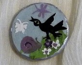 Handmade, original crow pin, with his snail and insect pals