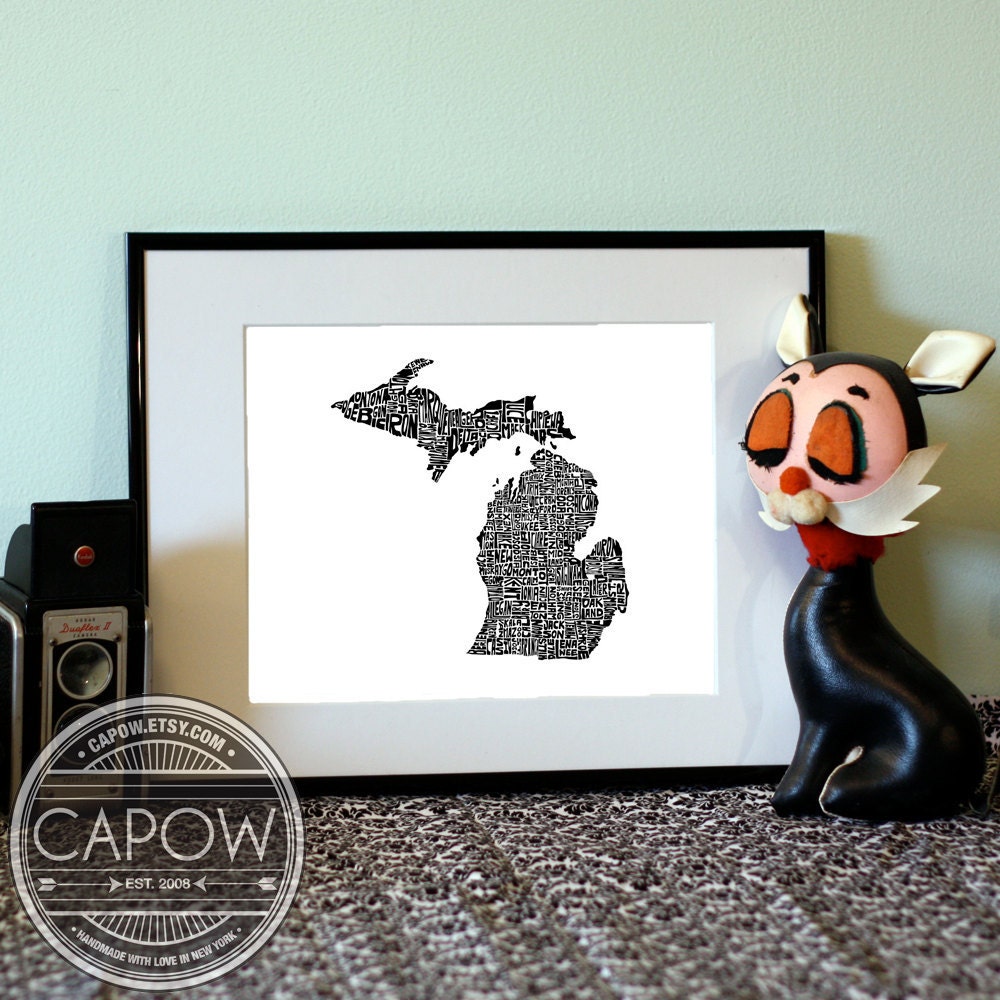 Michigan - typography map art print 16x20 - customizable personalized state poster custom wall decor engagement wedding housewarming gift