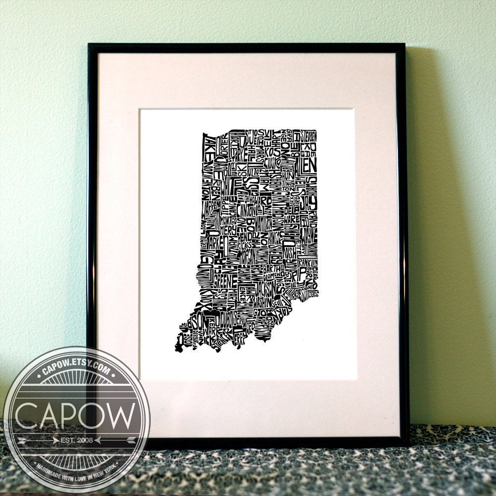 Indiana -  typography map art print 8x10 - customizable personalized state poster custom wall decor engagement wedding housewarming gift