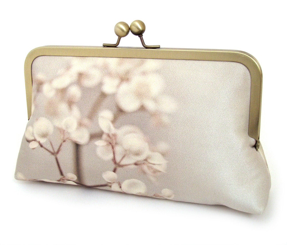 Pale blossoms clutch bag, printed silk purse, bridal accessory, bridesmaid gift, woodland wedding