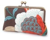 Bora bloom clutch bag, handmade silk-lined purse, teal blue, brown, white flower, brass frame, with gift box