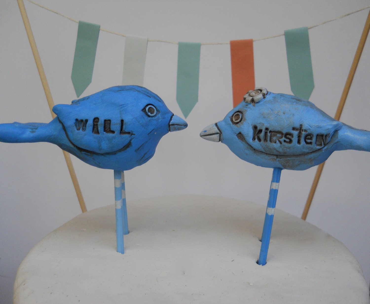 Customized Blue Birds Wedding cake topper with bride and grooms names for your Rustic Wedding