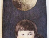Two Moons Portrait - Tall Mixed Media Collage on Old Weathered Wood