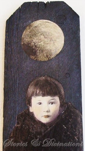Two Moons Portrait - Tall Mixed Media Collage on Old Weathered Wood