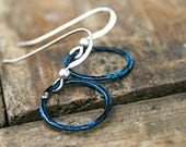 Small prussian blue verdigris copper circles, sterling silver earwires Seven jewelry