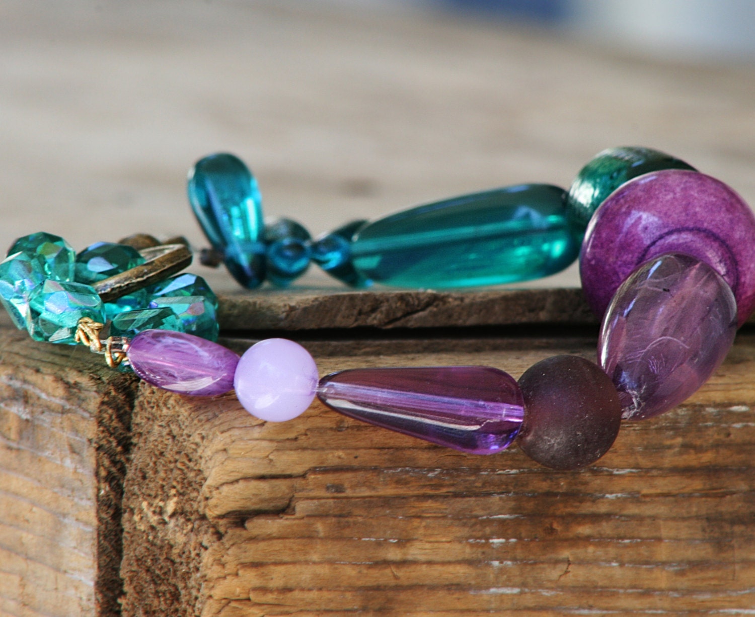 Teal Purple glass Suglite vintage lucite czech glass bracelet Seven jewelry