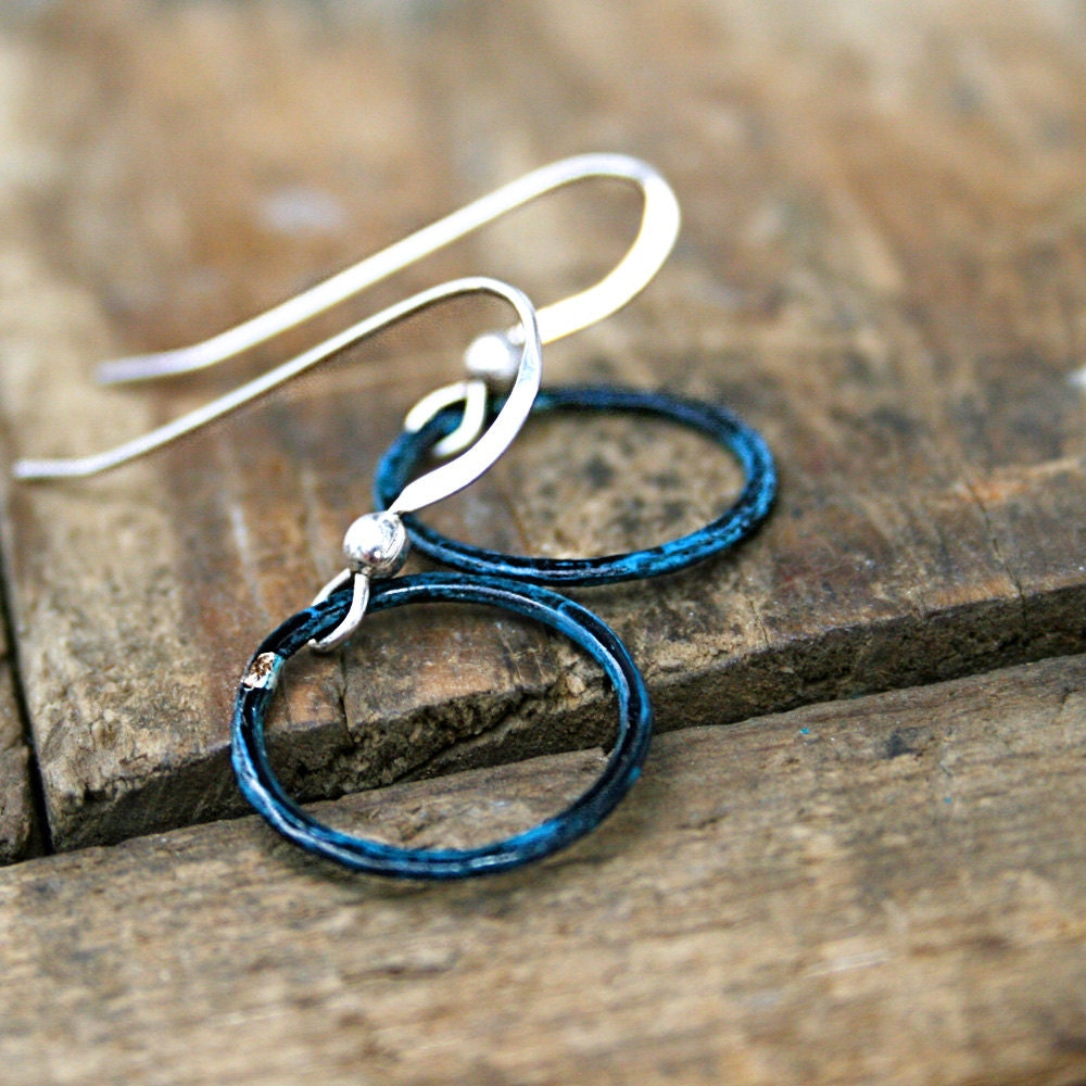 Small prussian blue verdigris copper circles, sterling silver earwires Seven jewelry