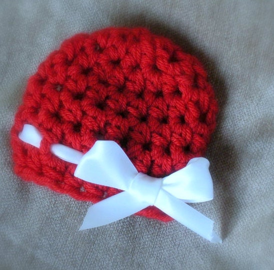 Baby Hat, Newborn Girl Chunky Crochet Beanie, Red with white bow, gift, photo prop, vegan