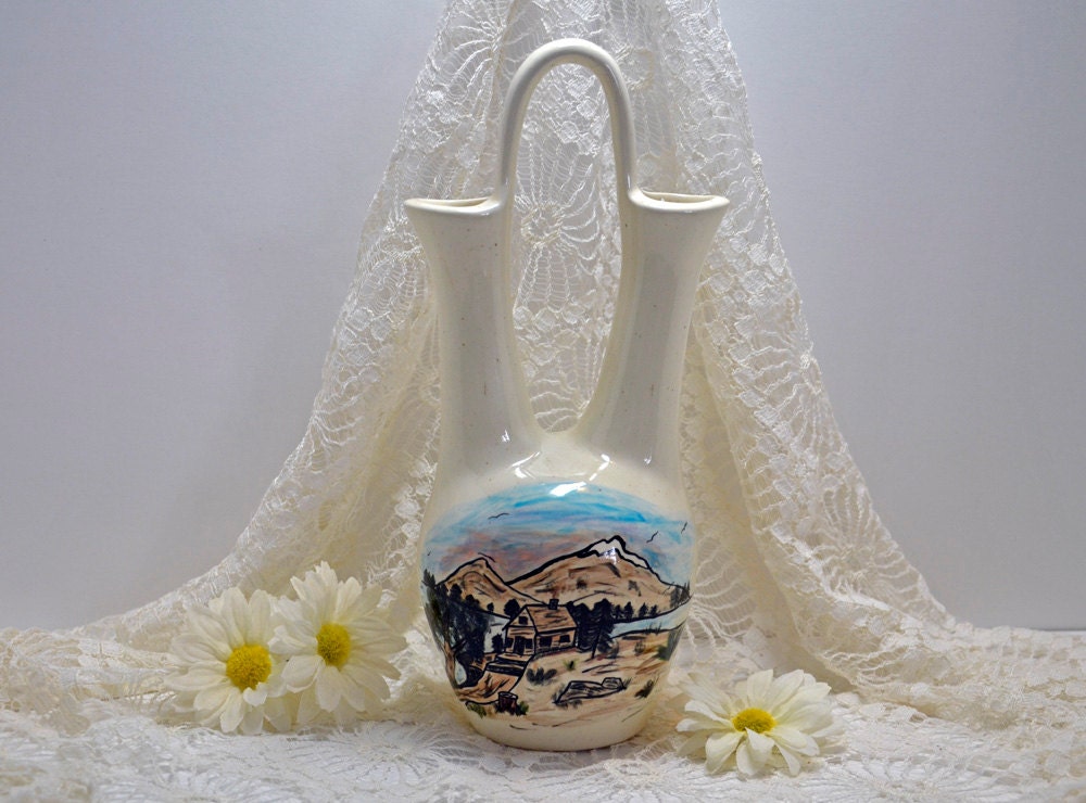 Rare Vintage Hand Painted Wedding Vase collectibles ceramic pottery housewares home decor nature mountians cabin fine art