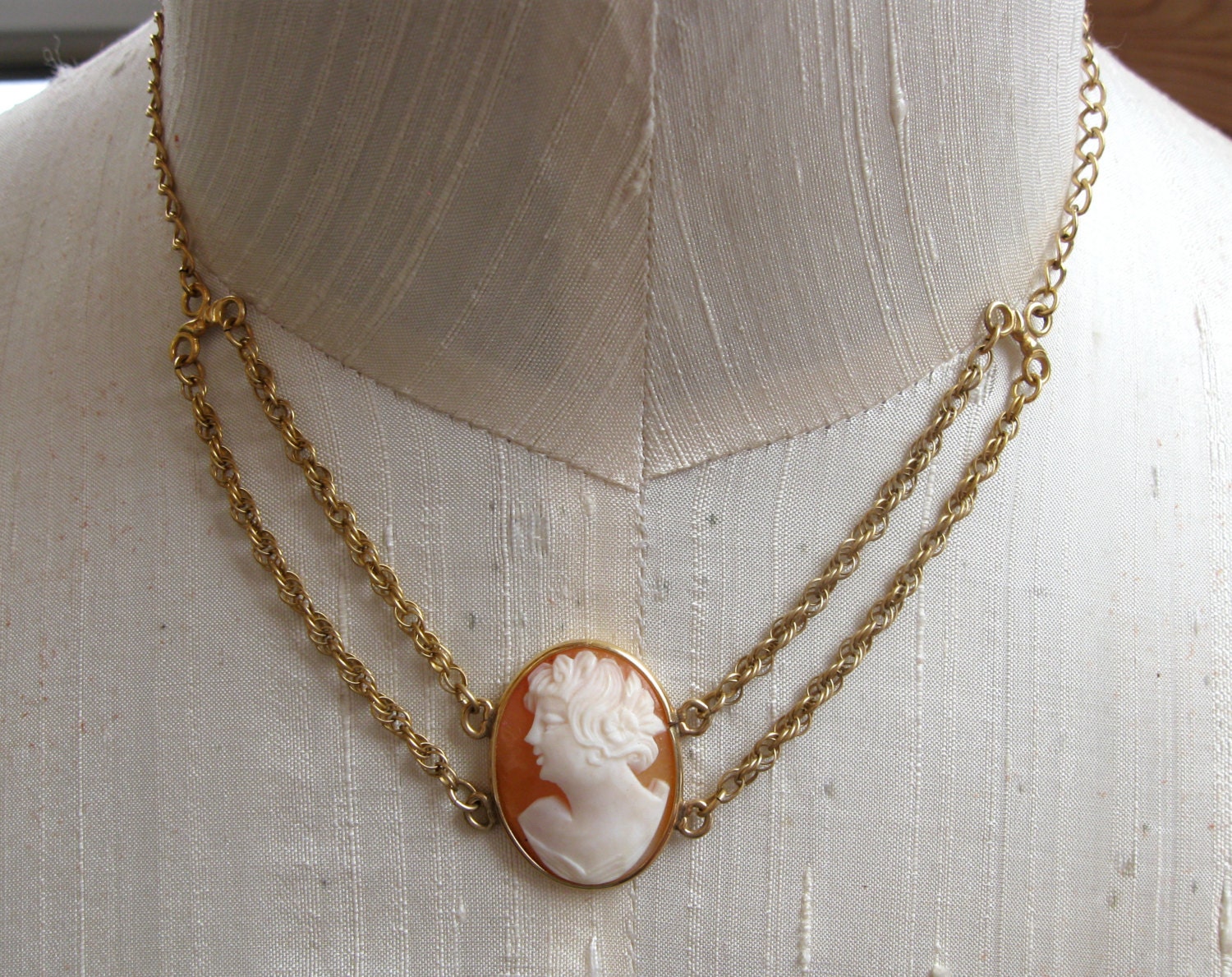 Carved Shell Cameo Necklace 1/20 12K GF Vintage circa 1950a Double Chain Drape Nice Design