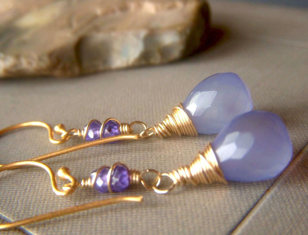 Lavender Chalcedony Earrings on Gold Vermeil . Tanzanite Violet Goldfilled Briolette Dangle . Orchid Mist