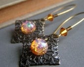 Opal Filigree Earrings on Brass . Vintage Glass Fire Opals Boho Bohemian . Sunset Flame