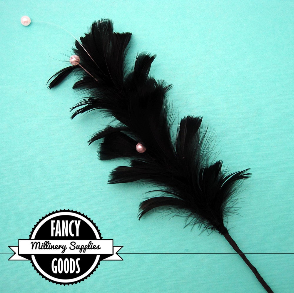 1 - Black -  Feather - Pick with Pearls - Millinery - Bouquet