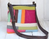 Recycled Sweater Bag - Colorful Patchwork Messenger Bag with Recycled Leather Strap