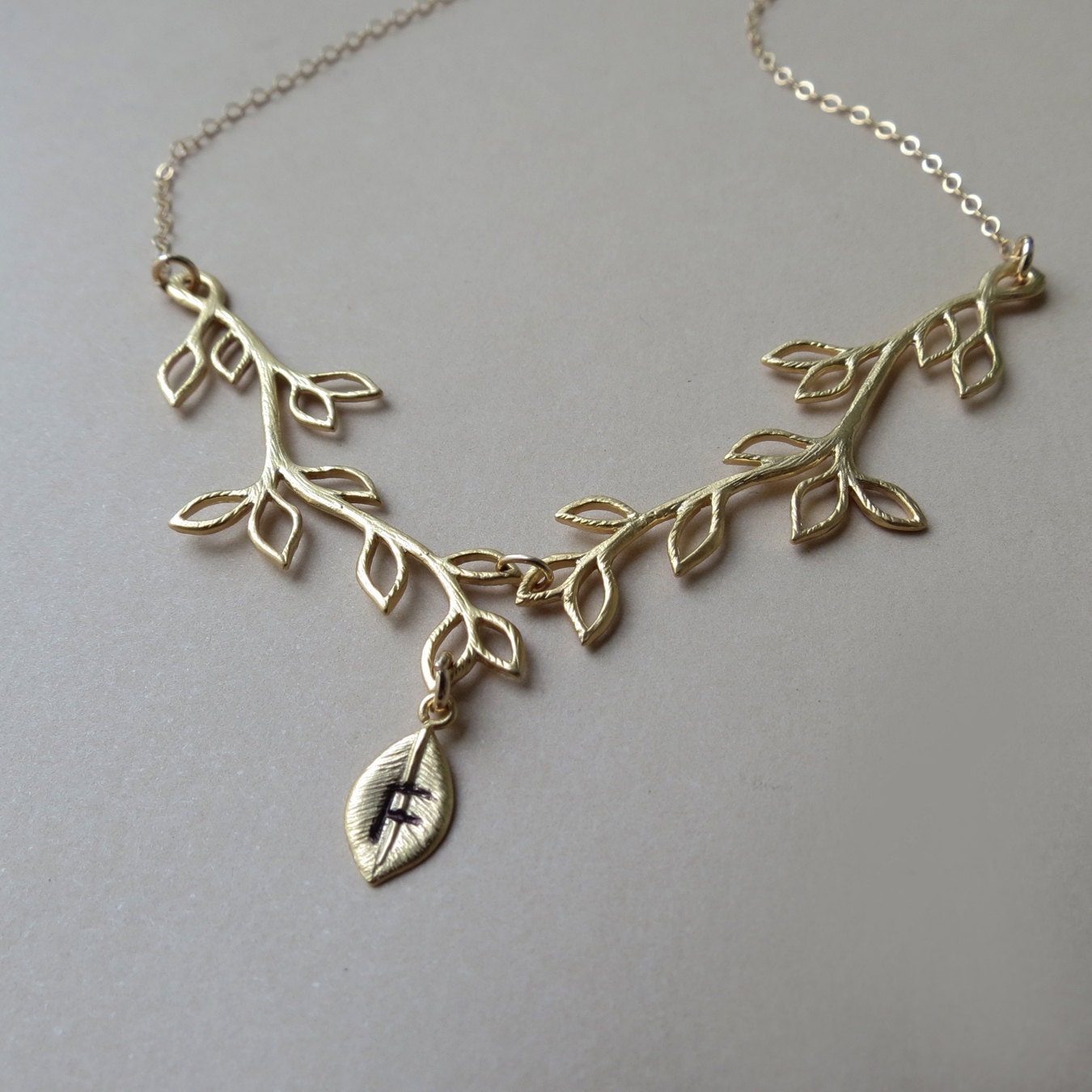Personalized Branch Necklace, Stamped Leaf, Bridesmaids Gifts, Bridal Party Customized Jewelry, Gold Branch Necklace, Maid of Honor necklac
