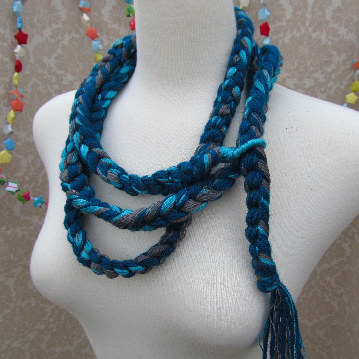 Turquoise Gray and Aqua Extra Long  Crocheted Yarn Necklace Scarf with Loop