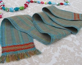 Green and Blue with Light Brown Stripes with Blue and Red Baby Handwoven Scarf