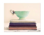 Still Life Photograph, Tea and Books, 8x10 Print, Shabby Chic Photo, Vintage Teacups Photo, Soft Pink, Butterfly Cup Photo