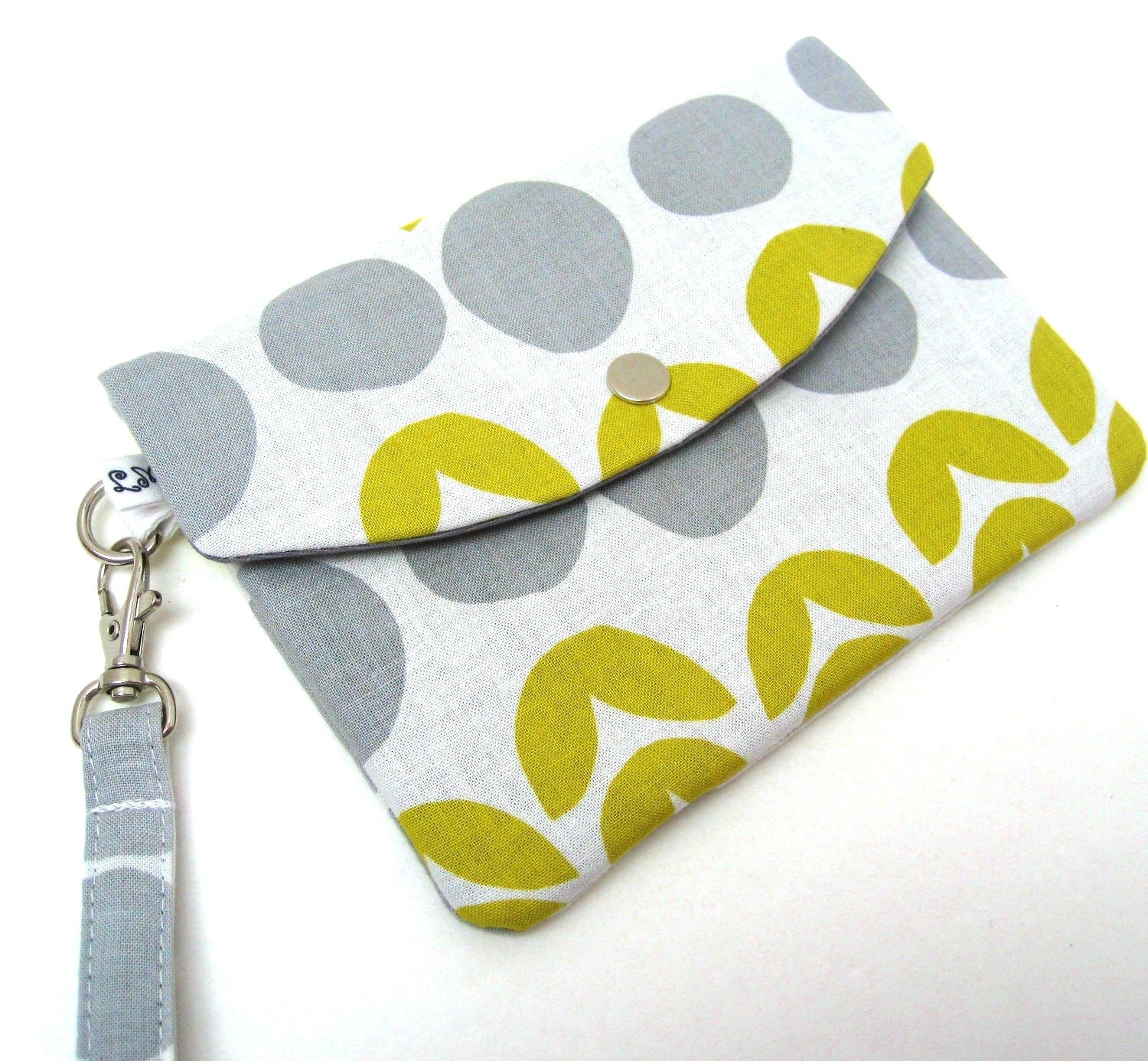 iPhone Wristlet Phone Wallet - Flowers and Dots in Yellow and Gray
