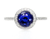 Platinum Blue Sapphire Engagement Ring Round Halo Diamond Sapphire Ring Custom Engagement Ring
