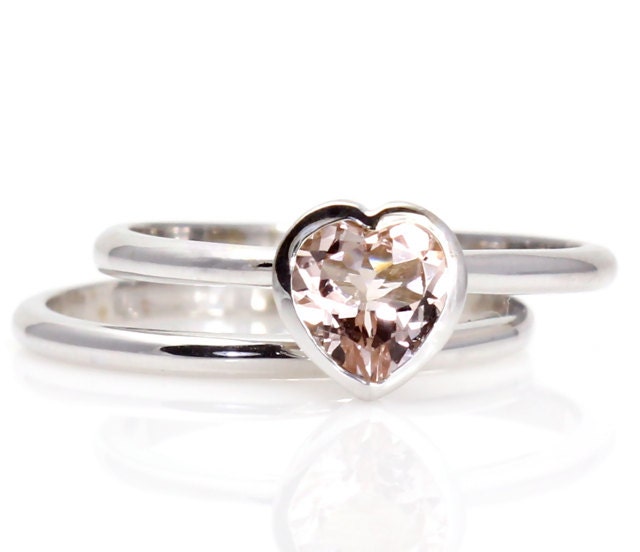 Morganite Engagement Ring Wedding Band Set Heart Bezel Solitaire Heart Ring Custom 14K White Yellow or Rose Gold