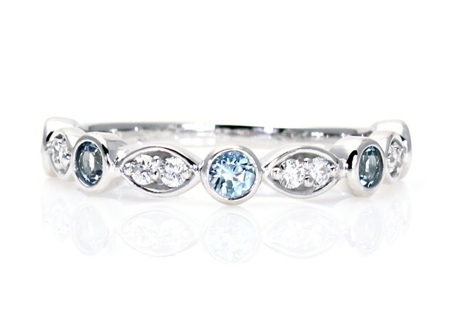 14K Aquamarine Diamond Anniversary Band Half Eternity Band Stackable Ring Custom Birthstone Ring Gold Stacking Ring