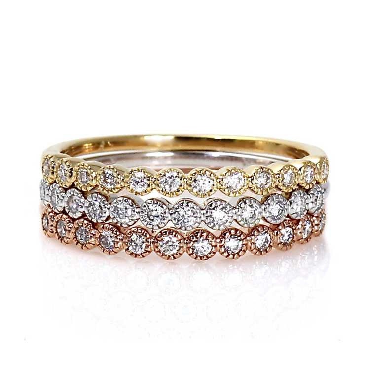 Set of Three Diamond Bands Anniversary Bands Wedding Ring Stacking Rings 14K White Yellow Rose Gold