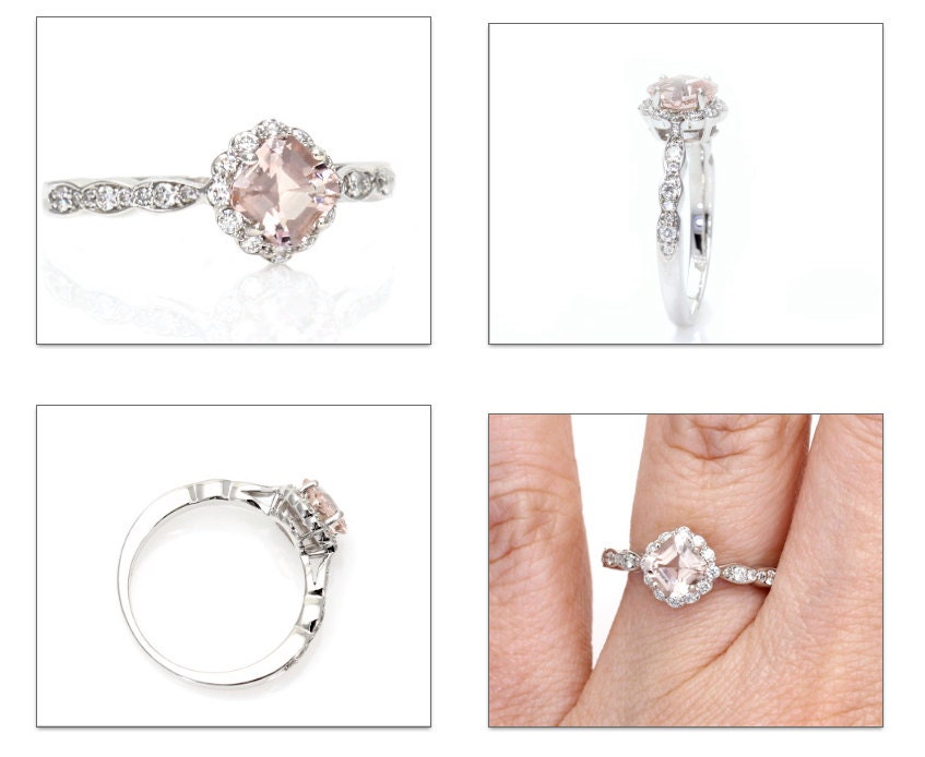 Palladium Asscher Morganite Diamond Engagement Ring Diamond Halo Custom Engagement Ring