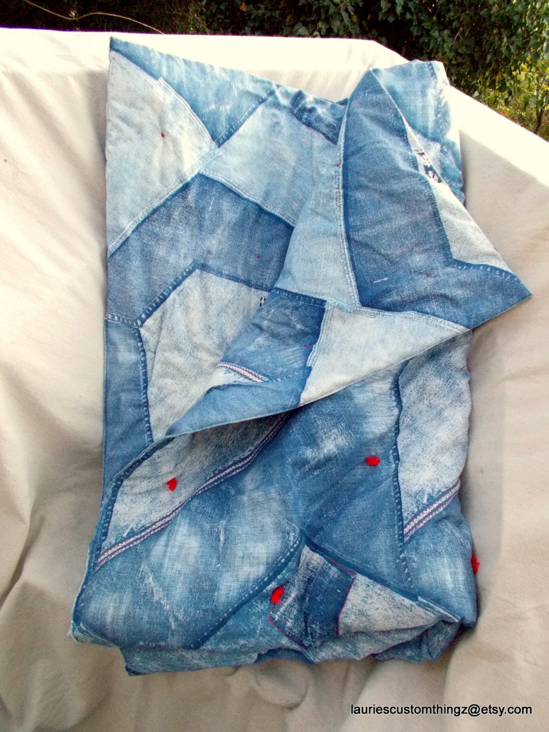 Vintage Comforter Hand Tied Patchwork Denim Fabric Print Twin or Double With Bonus Laundry Bag all Cotton 60s Decor