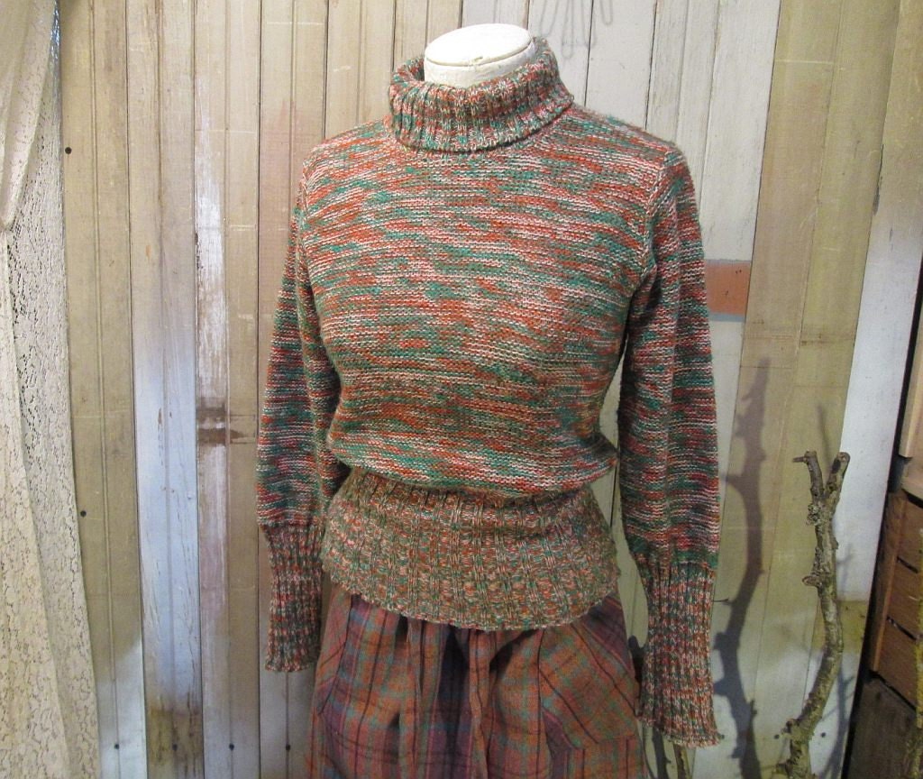 Vintage Green Heather purl Sweater 70s turtleneck rust orange pullover S M