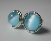 Stud Earrings 6mm Wire Wrapped Sterling Silver and Light Blue Cat's Eye