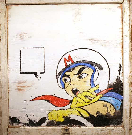 Original hand painted acrylic comic pop art on wood framed in anitque wood window