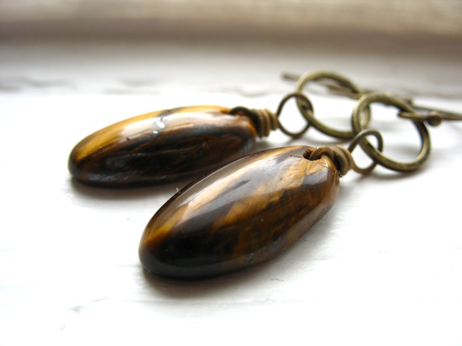 Tigereye Earrings, Stone Brass Hoop Earrings, Handmade Artisan Stone Hoop Earrings Jewelry, FREE Shipping