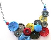 ON SALE Funky Blue, Gray, Red, and Chartreuse Vintage Button Statement Necklace