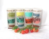 Frosted Vintage Autos Beverage Glasses Barware Set of 4 Tom Collins, Iced Tea Tall Coolers Hold 16 Oz. Circa 1960 Glassware Home Bar