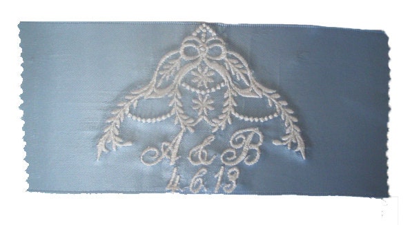 Heirloom Cascade Embroidered Bridal Blue Satin Ribbon Wedding Gown Label