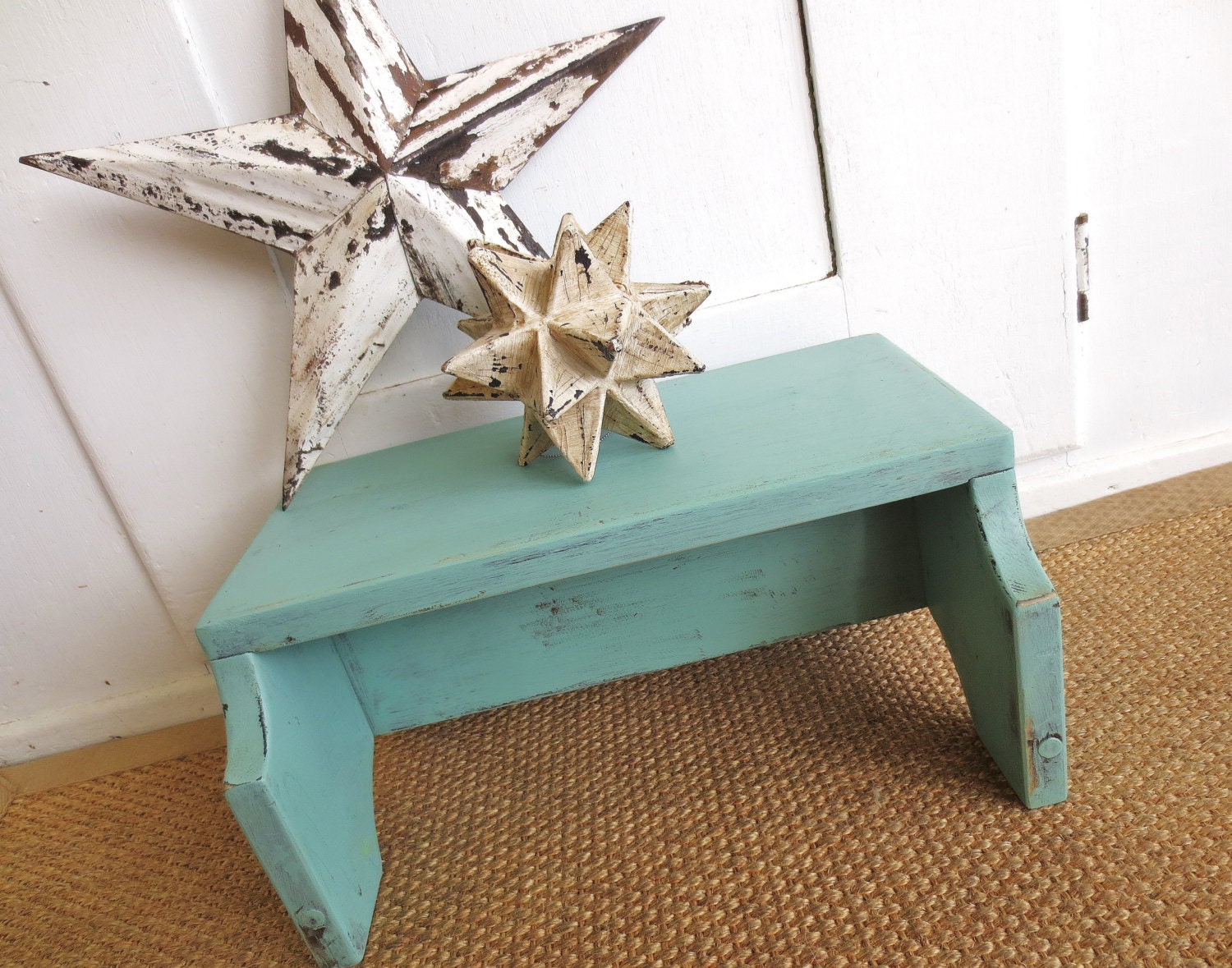 This Shabby Stool Sets the Bench Mark... Vintage Distressed Wooden Aqua Cottage Bench Stool Step Stool Rustic Farm Stool