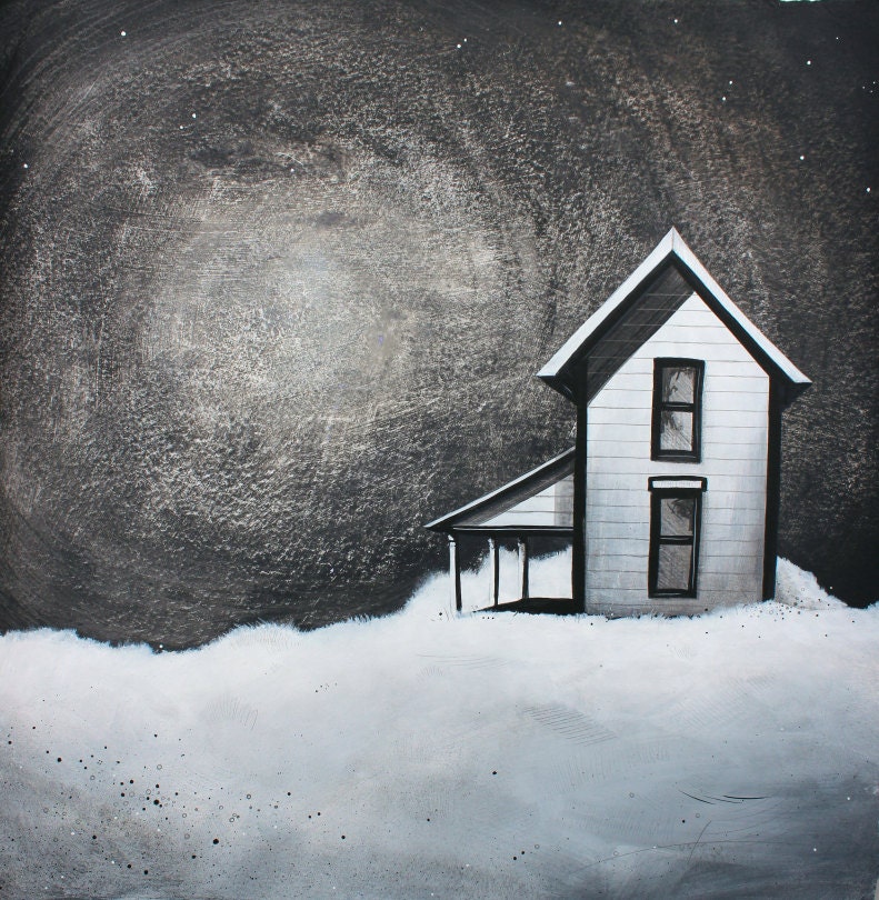 Original Mixed Media 22x22 Inch Black and White Painting of a Simple House on Twinrocker Handmade Paper