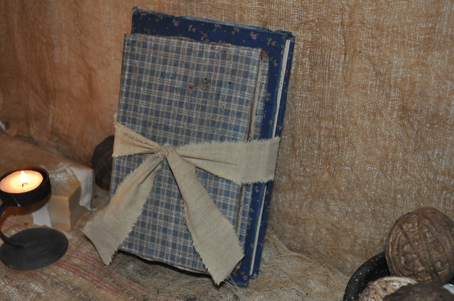 2 Primitive Time Worn 19c Fabric Covered Books Old Blues Calico and Checked