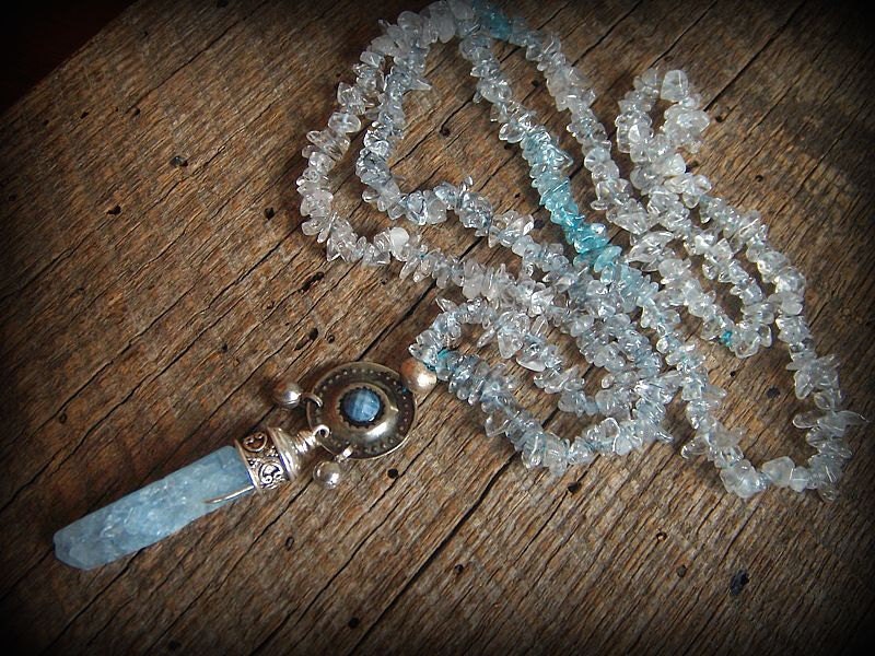 Blue Quartz, Topaz and Turkoman Button Long or Lariat Beaded Necklace