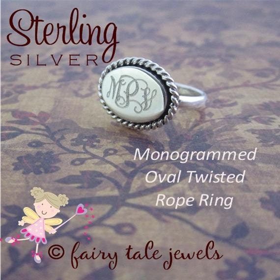 Engraved Sterling Silver Monogrammed Initial Ring Oval with Rope Border Personalized Ring Little Girl Tween Bridesmaid Gift Birthday Jewelry