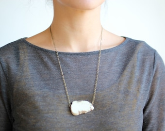 White Magnesite Slab Stone Necklace - Antiqued Brass Chain