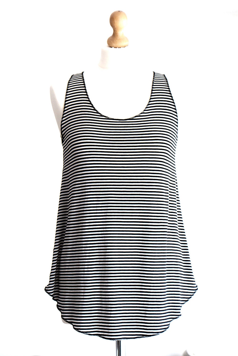 Lace Back Tank Top with Scoop Hem Black and White Stripe
