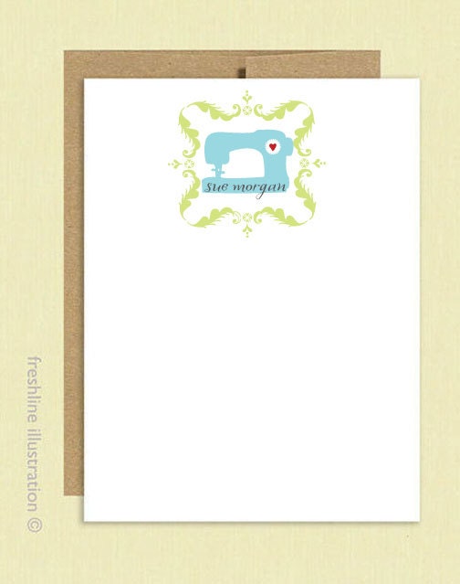 Personalized Stationery Set Flat Note Cards - Sewing Machine - Craft Notes  - set of 12 - Custom Stationery - any color