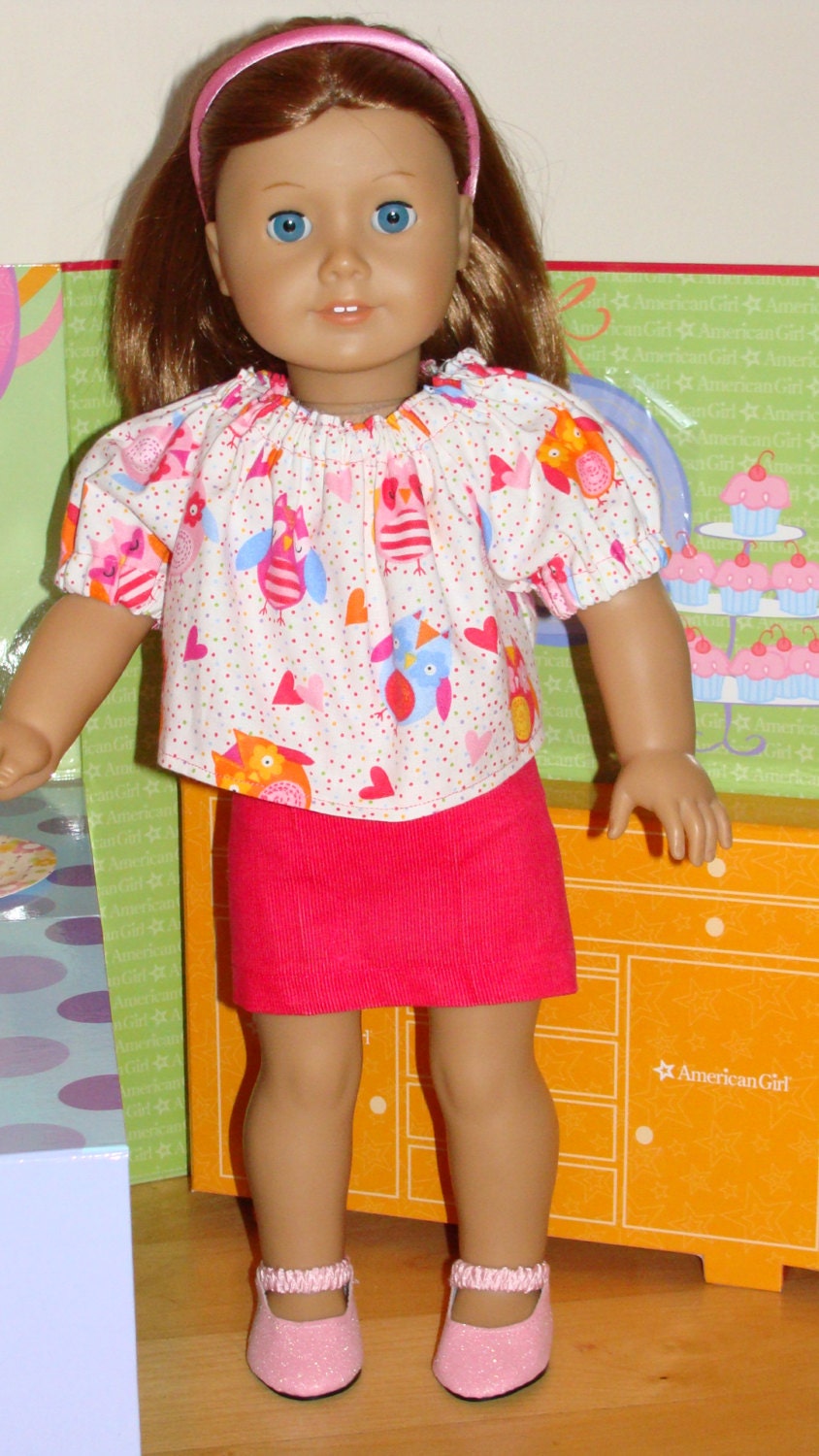 American Girl Doll or 18 inch Owl &  Heart Peasant top with Hot Pink wrap skirt in soft corduroy FREE Shipping