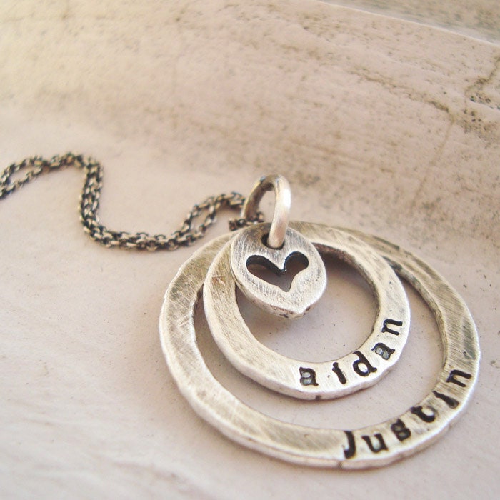 Personalized heart Mothers Necklace.. forever love .. rustic handstamped Sterling Silver necklace.. personalized mommy jewelry