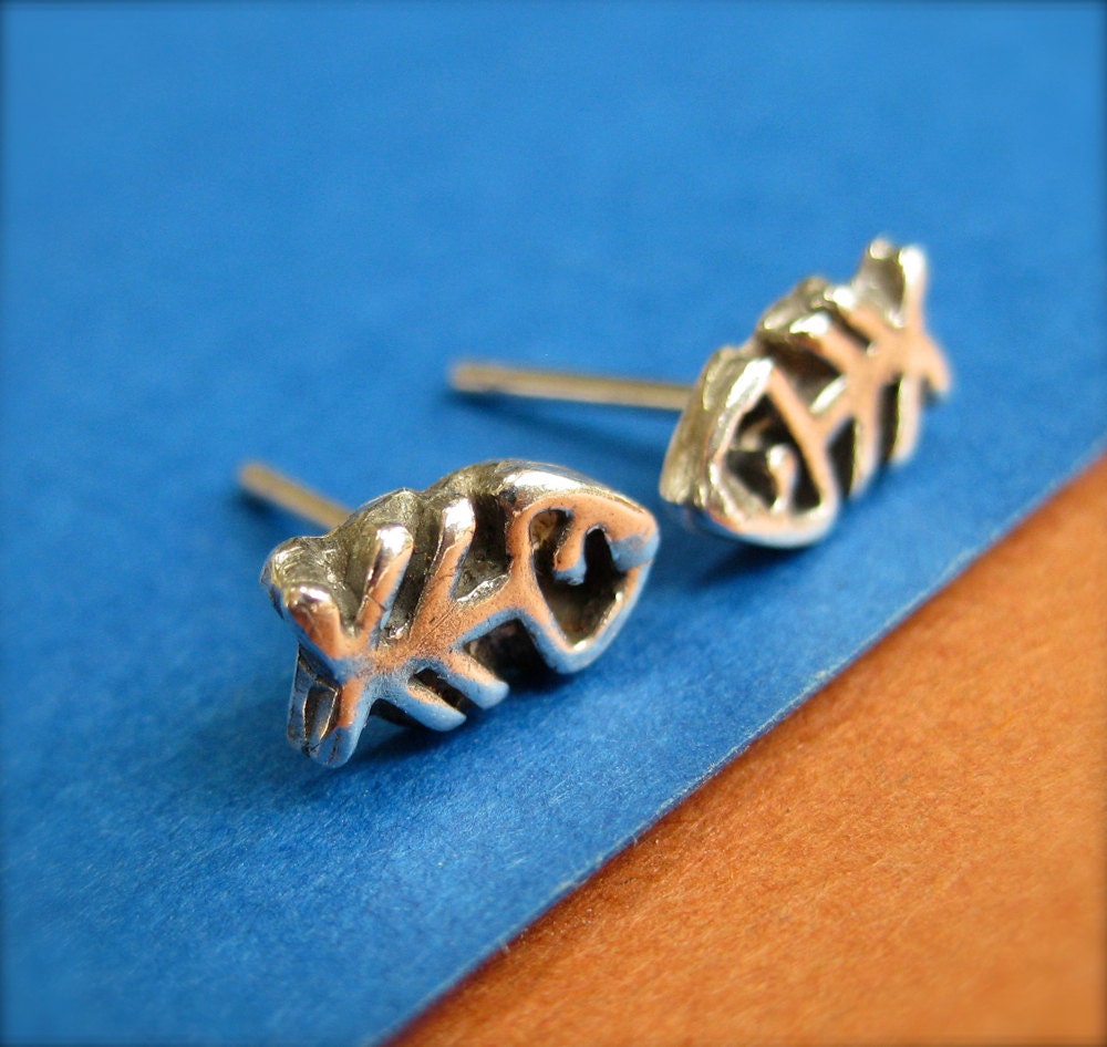 Fish Bones Stud Earrings, Sterling Silver Fishbone Earrings, Unisex Or Mens Studs