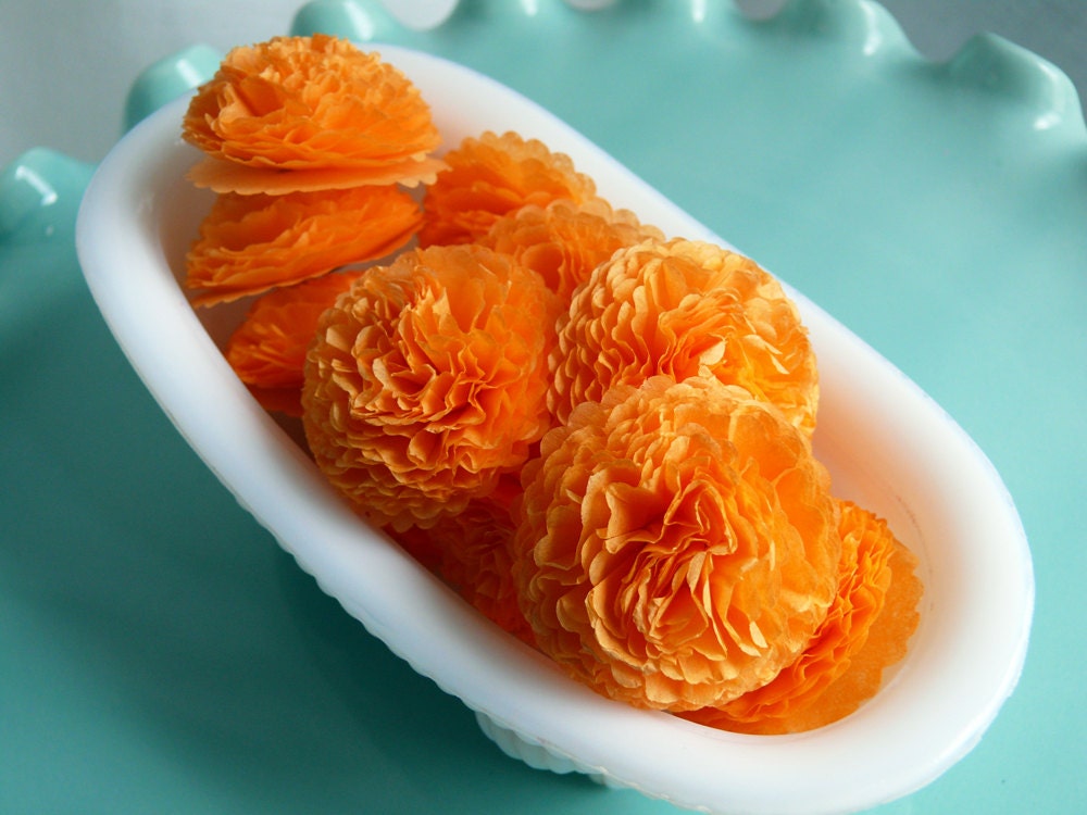 Button Mums Tissue Paper Flowers  Cantaloupe Orange Wedding, Bridal Shower, Baby Shower Decor
