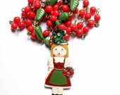 Necklace with Vintage Brooch in Red And Green  and Green - Little Red Riding Hood - Old and New